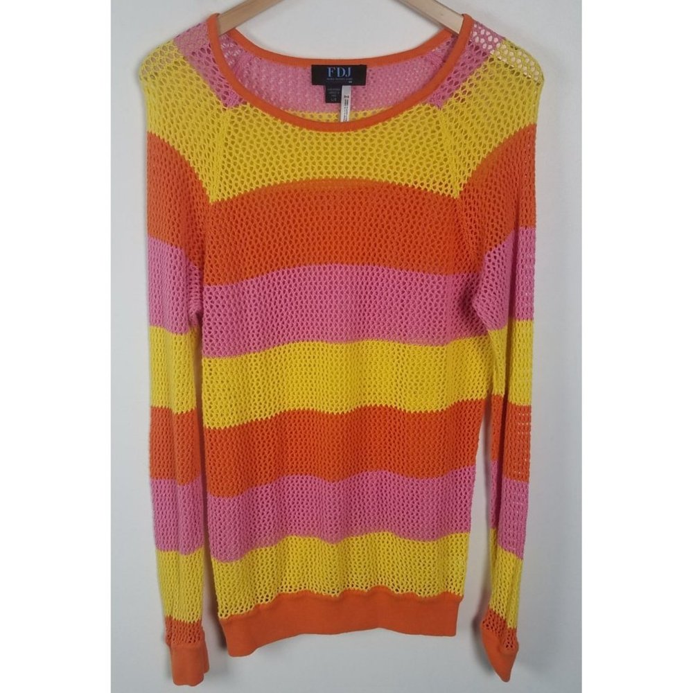 FDJ Women's Sz. L Yellow/Orange & Pink Stripe Crochet Long Sleeve Shirt